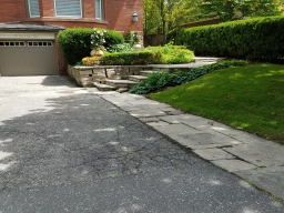 Driveway, walkway, steps and retaining walls, before